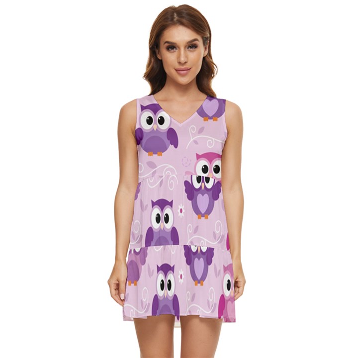 Seamless Cute Colourfull Owl Kids Pattern Tiered Sleeveless Mini Dress