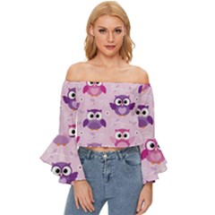 Seamless Cute Colourfull Owl Kids Pattern Off Shoulder Flutter Bell Sleeve Top by Pakemis