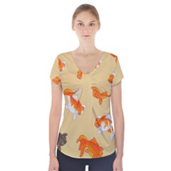 Gold Fish Seamless Pattern Background Short Sleeve Front Detail Top by Pakemis