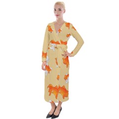 Gold Fish Seamless Pattern Background Velvet Maxi Wrap Dress by Pakemis