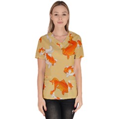 Gold Fish Seamless Pattern Background Women s V-neck Scrub Top by Pakemis