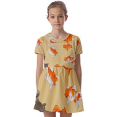 Gold Fish Seamless Pattern Background Kids  Short Sleeve Pinafore Style Dress by Pakemis