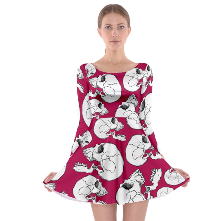 Terrible Frightening Seamless Pattern With Skull Long Sleeve Skater Dress