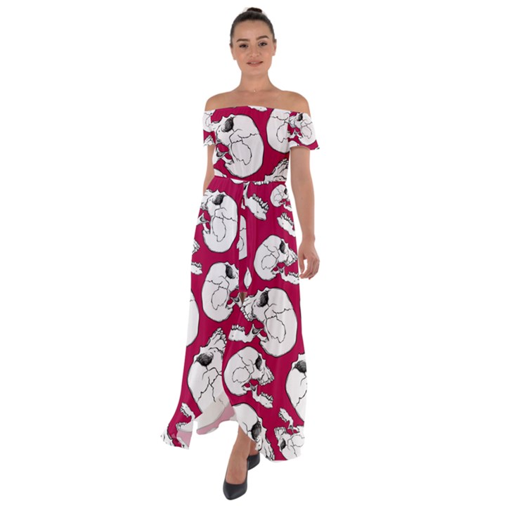 Terrible Frightening Seamless Pattern With Skull Off Shoulder Open Front Chiffon Dress