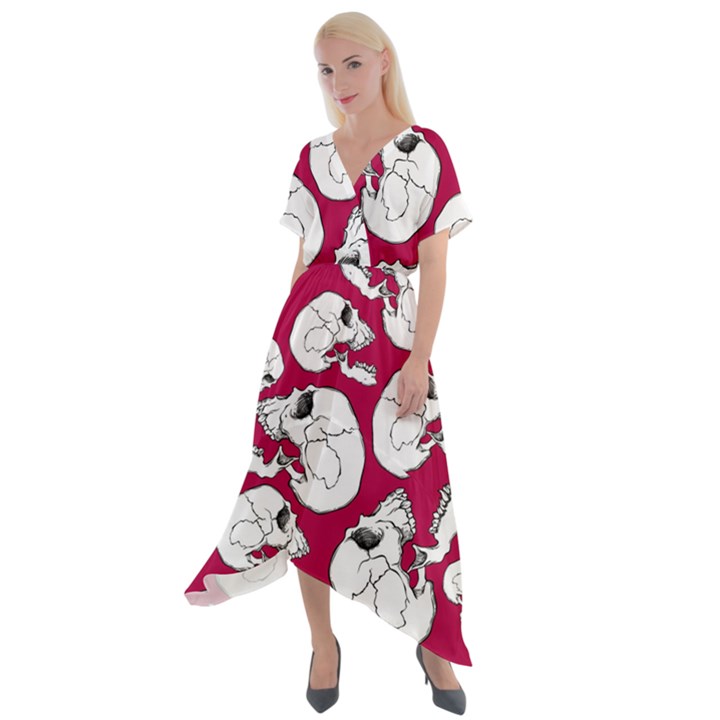 Terrible Frightening Seamless Pattern With Skull Cross Front Sharkbite Hem Maxi Dress