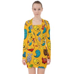 Graffiti Characters Seamless Ornament V-neck Bodycon Long Sleeve Dress by Pakemis