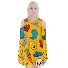 Graffiti Characters Seamless Ornament Velvet Long Sleeve Shoulder Cutout Dress by Pakemis