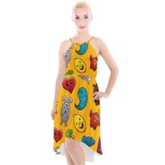 Graffiti Characters Seamless Ornament High-low Halter Chiffon Dress 