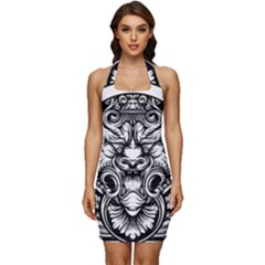 Tiger Illustration Vintage Border Frame Engraving With Retro Ornament Pattern Antique Rococo Style D Sleeveless Wide Square Neckline Ruched Bodycon Dress