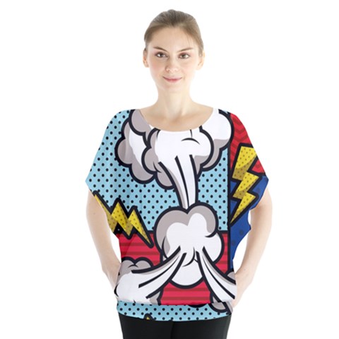 Rays Smoke Pop Art Style Vector Illustration Batwing Chiffon Blouse by Pakemis