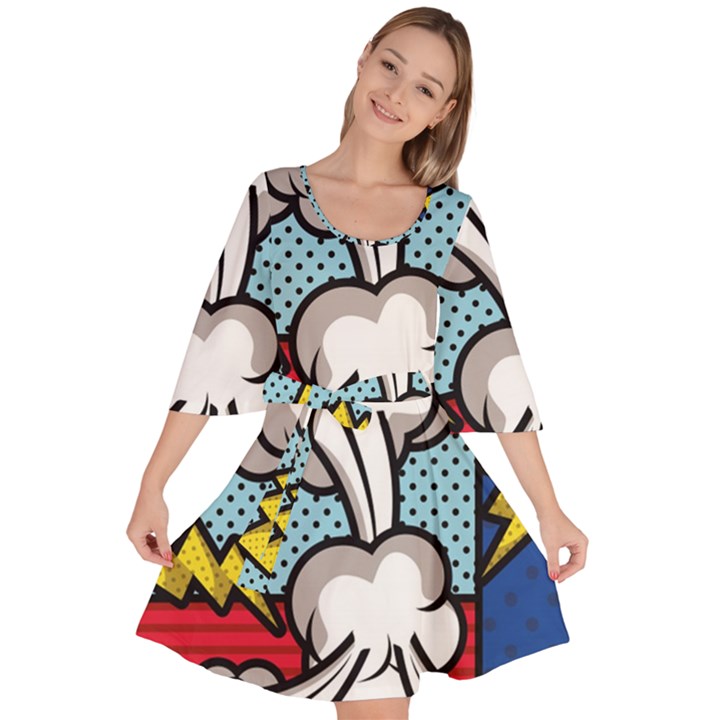 Rays Smoke Pop Art Style Vector Illustration Velour Kimono Dress