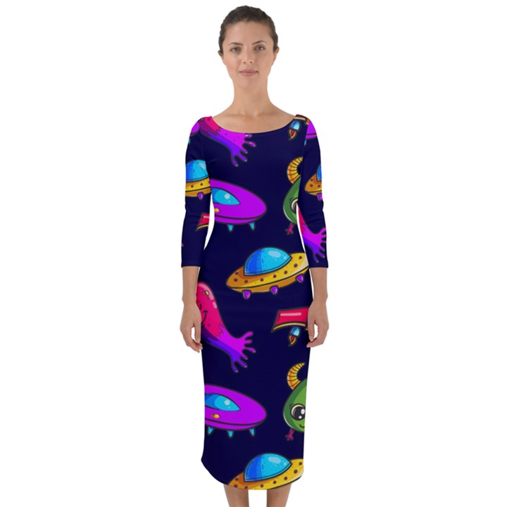 Space Pattern Quarter Sleeve Midi Bodycon Dress