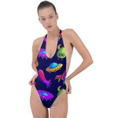 Space Pattern Backless Halter One Piece Swimsuit by Pakemis