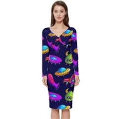 Space Pattern Long Sleeve V-neck Bodycon Dress  by Pakemis