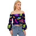 Space Pattern Off Shoulder Flutter Bell Sleeve Top View3