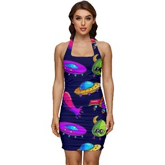 Space Pattern Sleeveless Wide Square Neckline Ruched Bodycon Dress by Pakemis