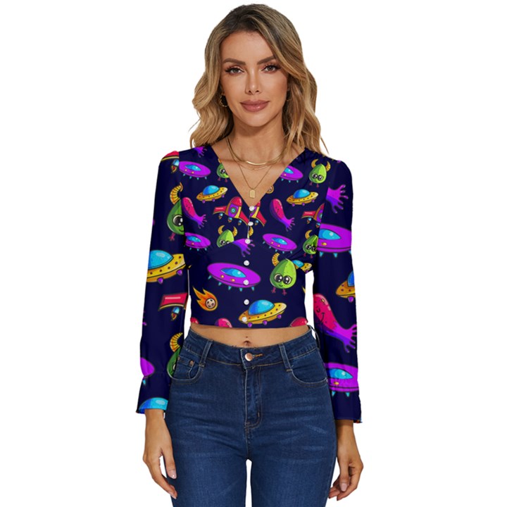 Space Pattern Long Sleeve V-Neck Top