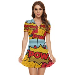 Pow Word Pop Art Style Expression Vector V-neck High Waist Chiffon Mini Dress by Pakemis