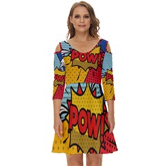 Pow Word Pop Art Style Expression Vector Shoulder Cut Out Zip Up Dress by Pakemis