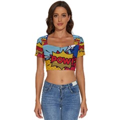 Pow Word Pop Art Style Expression Vector Short Sleeve Square Neckline Crop Top 