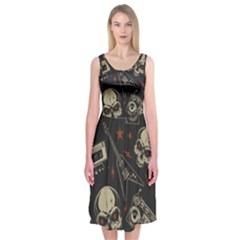 Grunge Seamless Pattern With Skulls Midi Sleeveless Dress by Pakemis