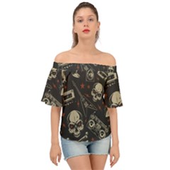 Grunge Seamless Pattern With Skulls Off Shoulder Short Sleeve Top by Pakemis