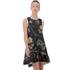 Grunge Seamless Pattern With Skulls Frill Swing Dress by Pakemis