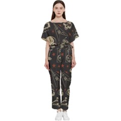 Grunge Seamless Pattern With Skulls Batwing Lightweight Chiffon Jumpsuit by Pakemis