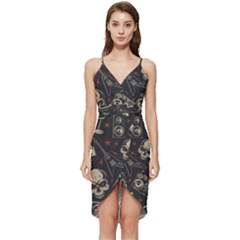 Grunge Seamless Pattern With Skulls Wrap Frill Dress by Pakemis