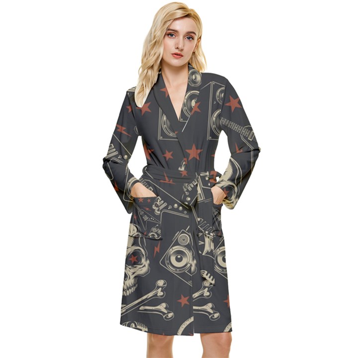 Grunge Seamless Pattern With Skulls Long Sleeve Velour Robe