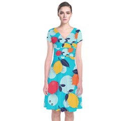 Pop Art Style Citrus Seamless Pattern Short Sleeve Front Wrap Dress by Pakemis