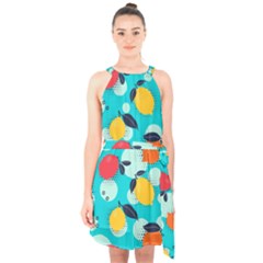 Pop Art Style Citrus Seamless Pattern Halter Collar Waist Tie Chiffon Dress by Pakemis