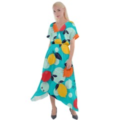 Pop Art Style Citrus Seamless Pattern Cross Front Sharkbite Hem Maxi Dress by Pakemis