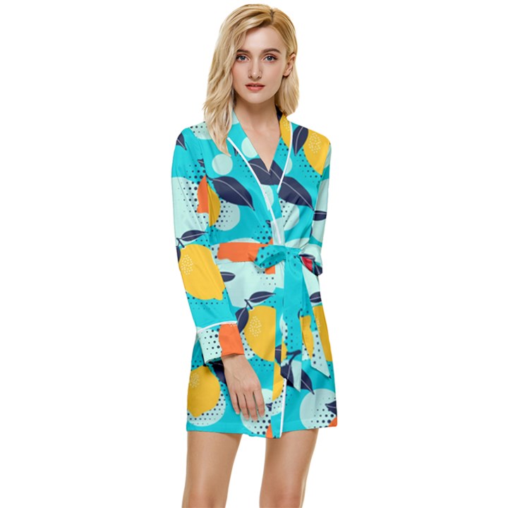 Pop Art Style Citrus Seamless Pattern Long Sleeve Satin Robe