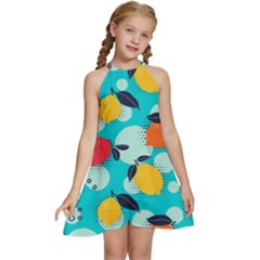 Pop Art Style Citrus Seamless Pattern Kids  Halter Collar Waist Tie Chiffon Dress