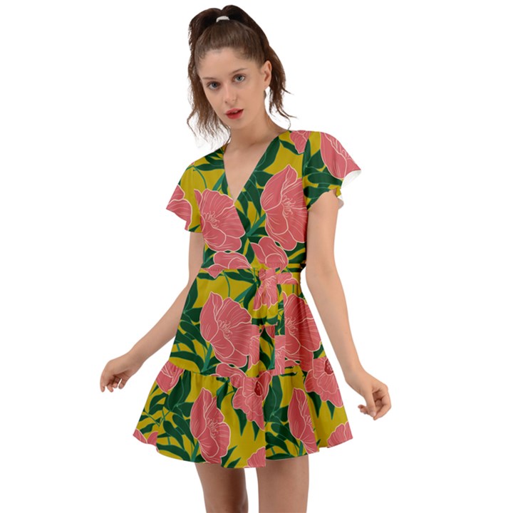 Pink Flower Seamless Pattern Flutter Sleeve Wrap Dress