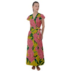 Pink Flower Seamless Pattern Flutter Sleeve Maxi Dress by Pakemis