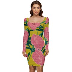 Pink Flower Seamless Pattern Women Long Sleeve Ruched Stretch Jersey Dress by Pakemis