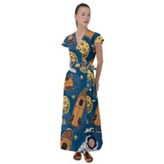 Missile Pattern Flutter Sleeve Maxi Dress by Pakemis