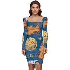 Missile Pattern Women Long Sleeve Ruched Stretch Jersey Dress by Pakemis