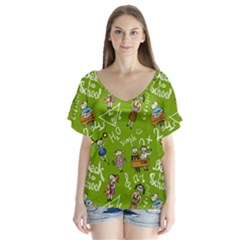 Seamless Pattern With Kids V-neck Flutter Sleeve Top by Pakemis