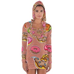 Doughnut Doodle Colorful Seamless Pattern Long Sleeve Hooded T-shirt by Pakemis