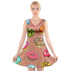 Doughnut Doodle Colorful Seamless Pattern V-neck Sleeveless Dress by Pakemis