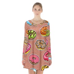 Doughnut Doodle Colorful Seamless Pattern Long Sleeve Velvet V-neck Dress by Pakemis