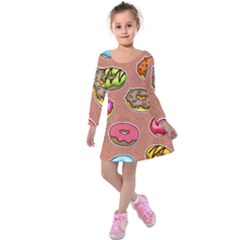 Doughnut Doodle Colorful Seamless Pattern Kids  Long Sleeve Velvet Dress by Pakemis