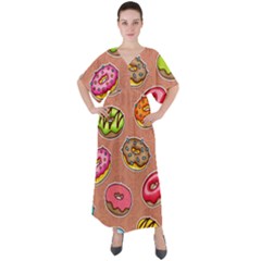 Doughnut Doodle Colorful Seamless Pattern V-neck Boho Style Maxi Dress by Pakemis