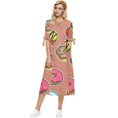 Doughnut Doodle Colorful Seamless Pattern Bow Sleeve Chiffon Midi Dress by Pakemis