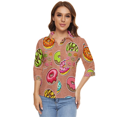 Doughnut Doodle Colorful Seamless Pattern Women s Quarter Sleeve Pocket Shirt by Pakemis