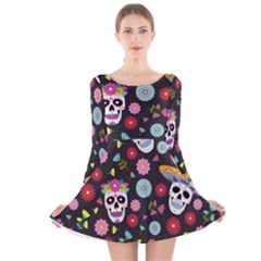 Day Dead Skull With Floral Ornament Flower Seamless Pattern Long Sleeve Velvet Skater Dress