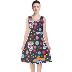 Day Dead Skull With Floral Ornament Flower Seamless Pattern V-neck Midi Sleeveless Dress 